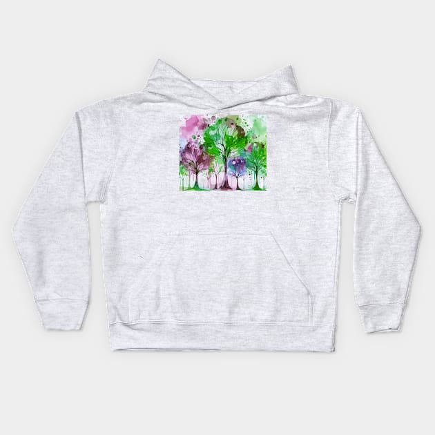 Colorful Green Coral Pink Abstract Trees Kids Hoodie by Siha Arts